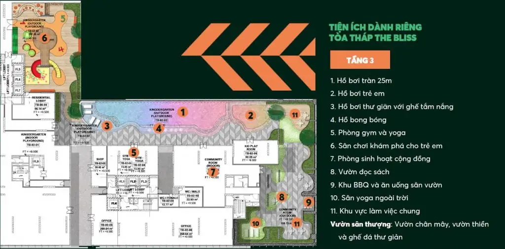 Mặt bằng tiện ích tháp The Bliss Urban Green